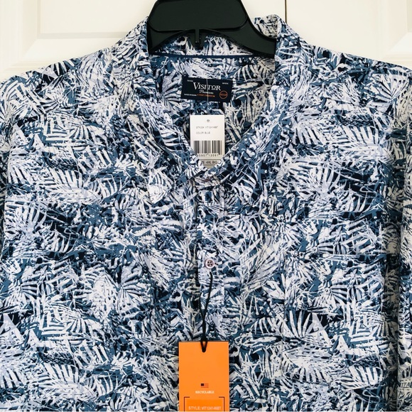 Visitor Premium Size 4XL Hawaiian Button Up Collared Neck Short Sleeve Blue ps2 - Picture 6 of 7